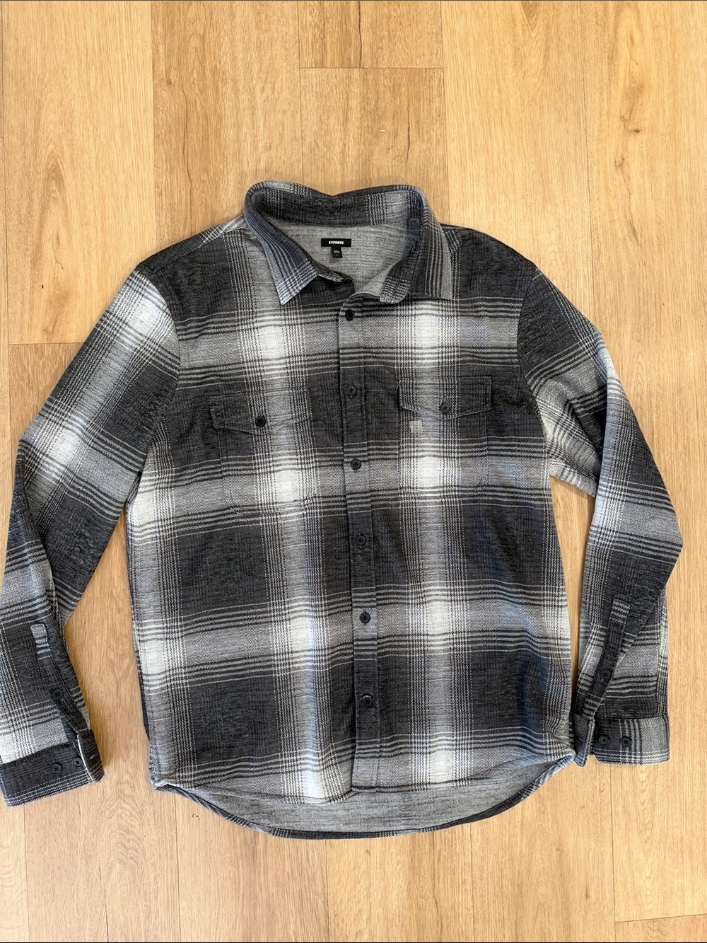 Express Men’s Black & Gray Plaid Button-Down Shirt